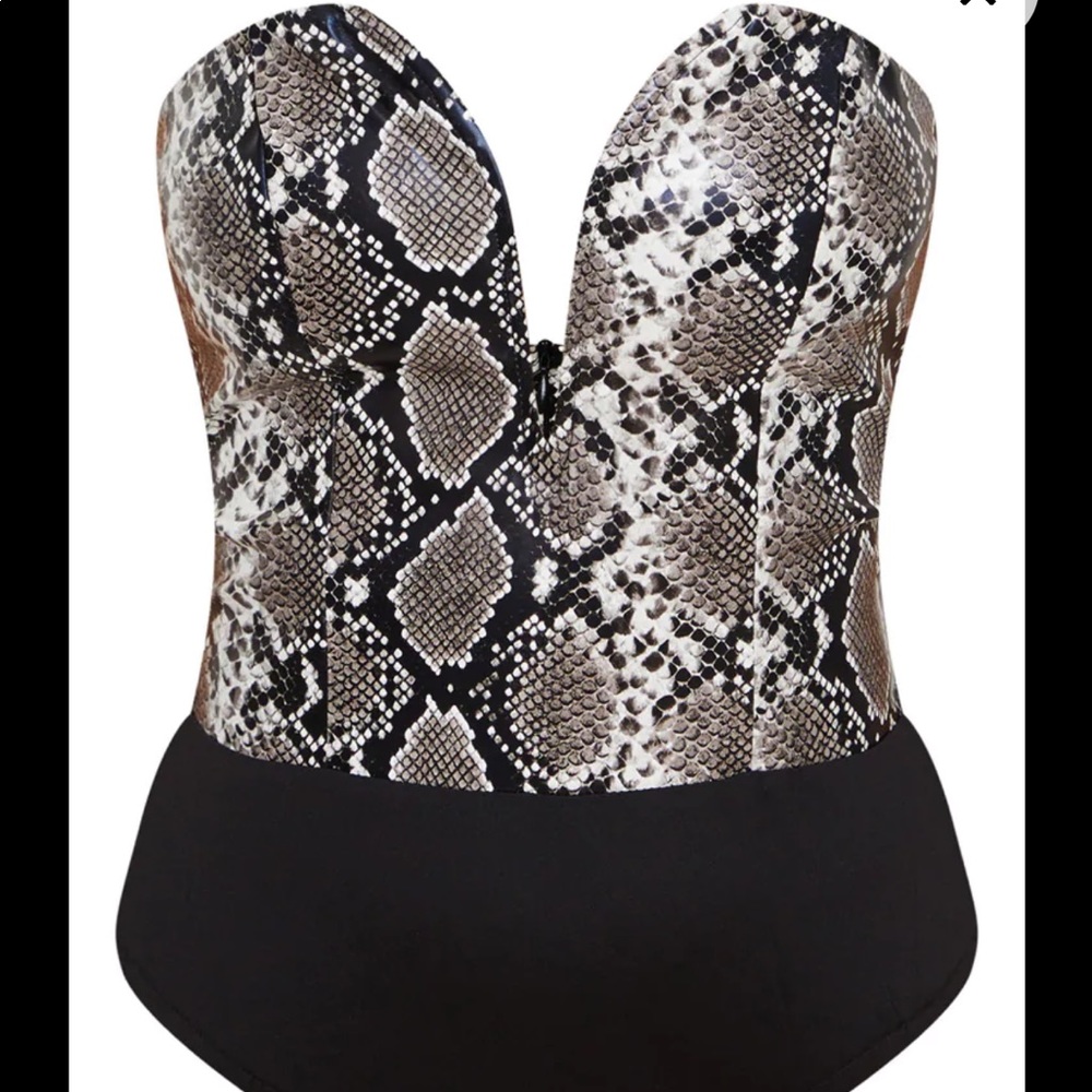 Grey Snake Print Faux Leather V Bandeau Bodysuit